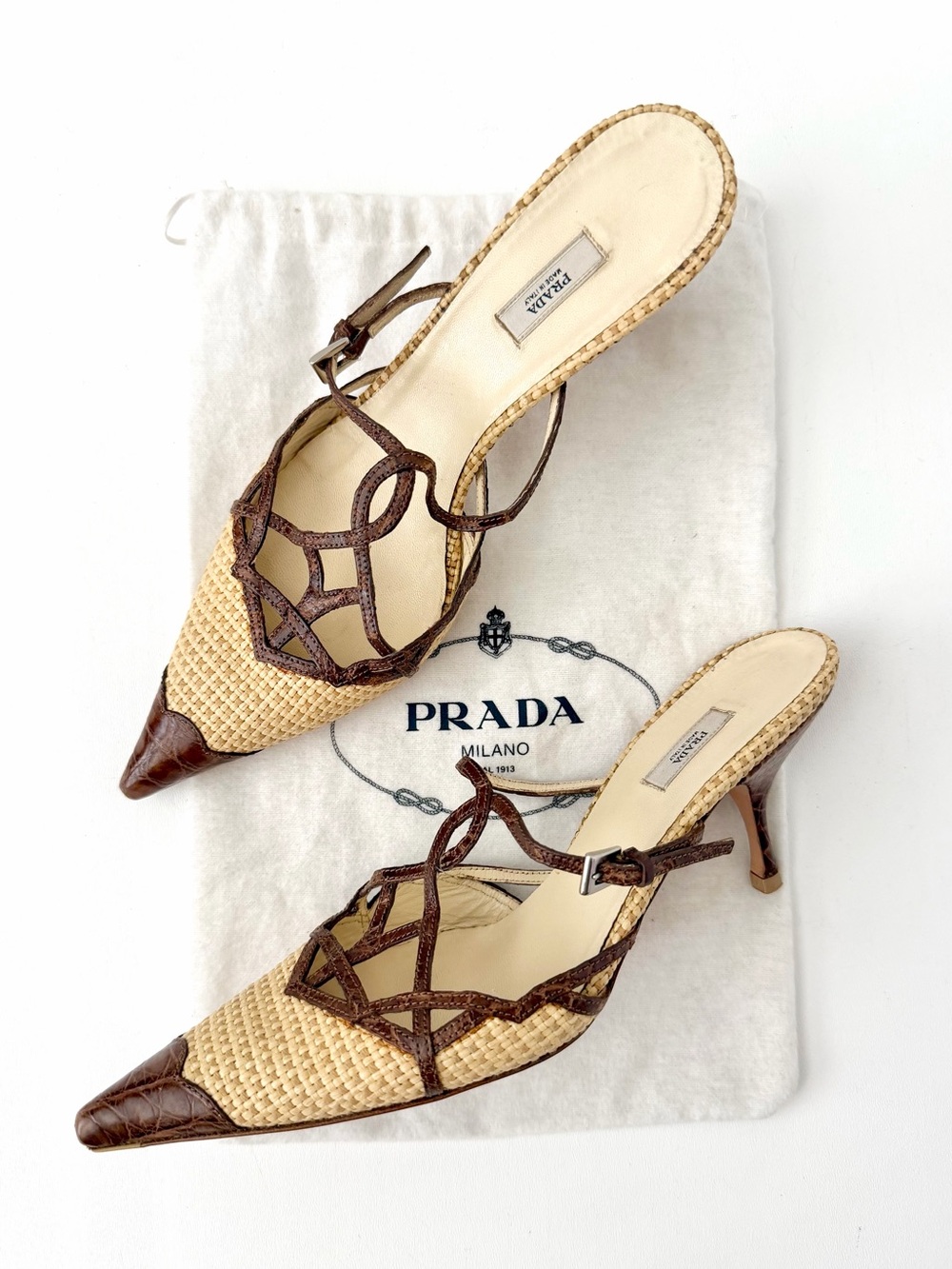PRADA | Y2K Vintage Strappy Pointed Raffia Mules Brown Croc Pattern EU 39
